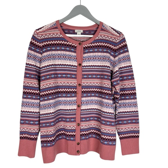 L.L. Bean Fair Isle Striped Cashmere Blend Cardigan Sweater Size Large rose pink - Picture 1 of 7